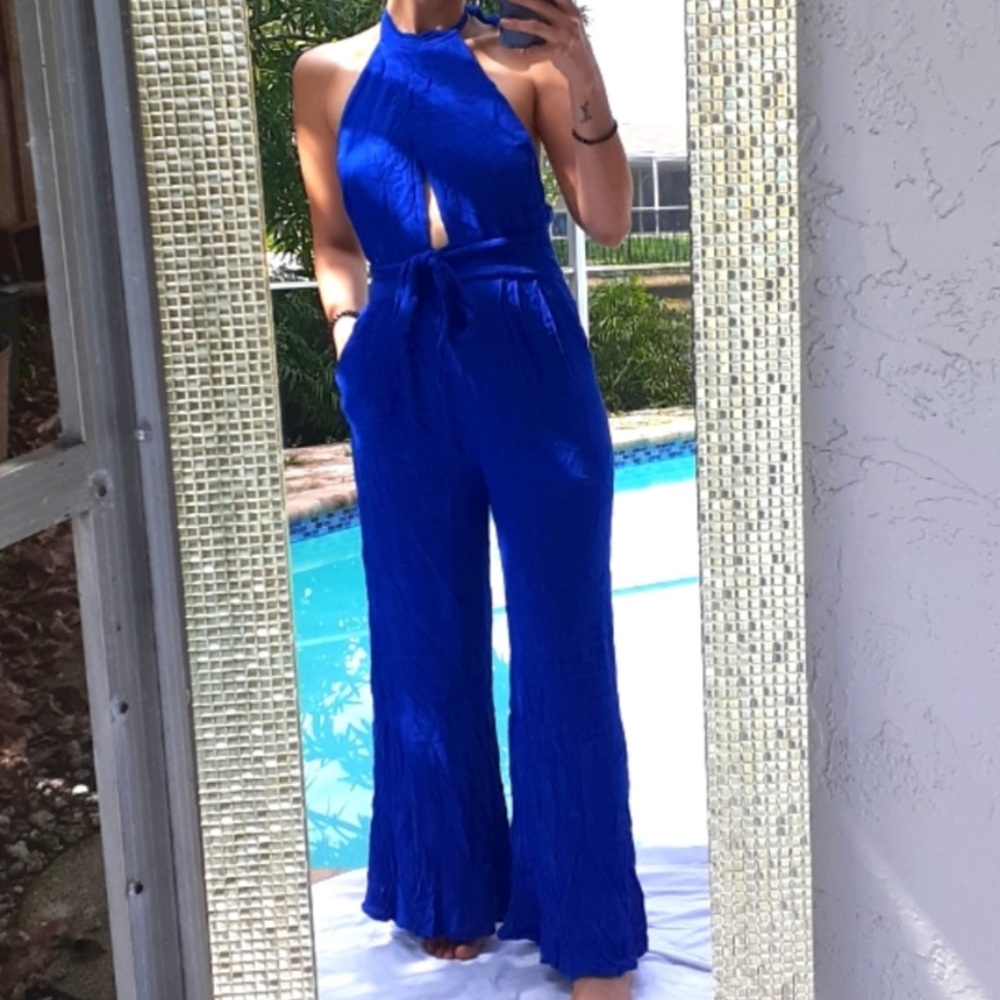 Free People Royal Blue Halter Jumpsuit